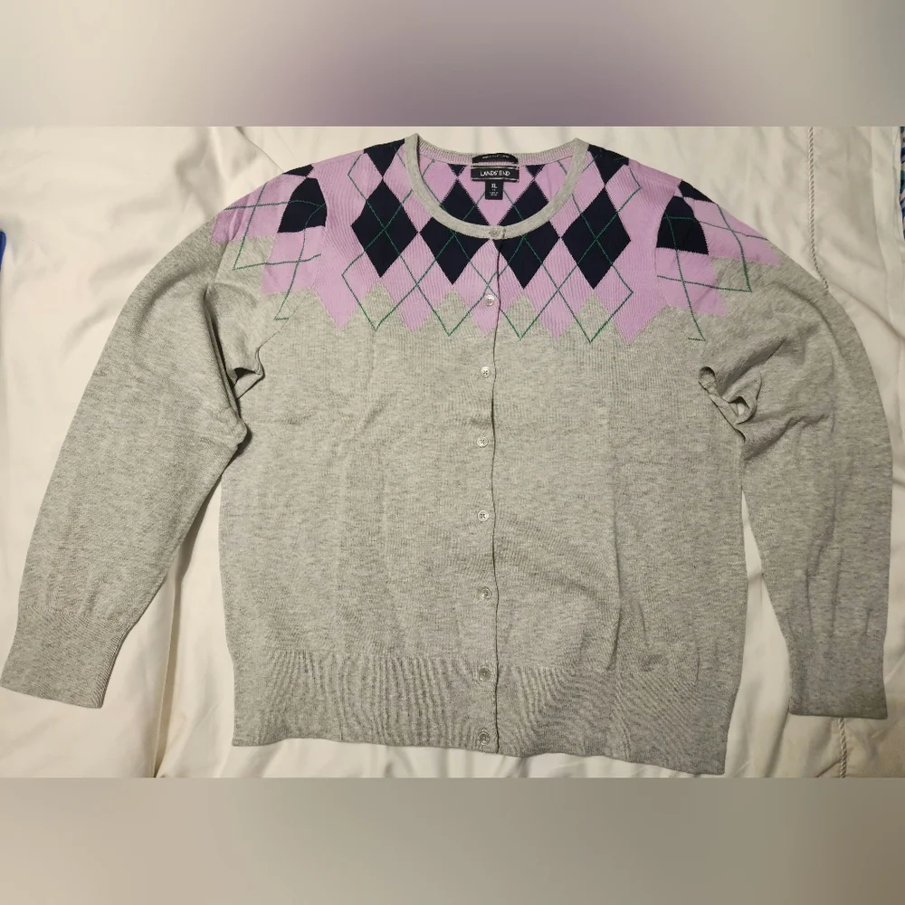 Lands' End Women's Supima Cotton Long Sleeve Cardigan Gray Heather Argyle XL NIP - Picture 2 of 5